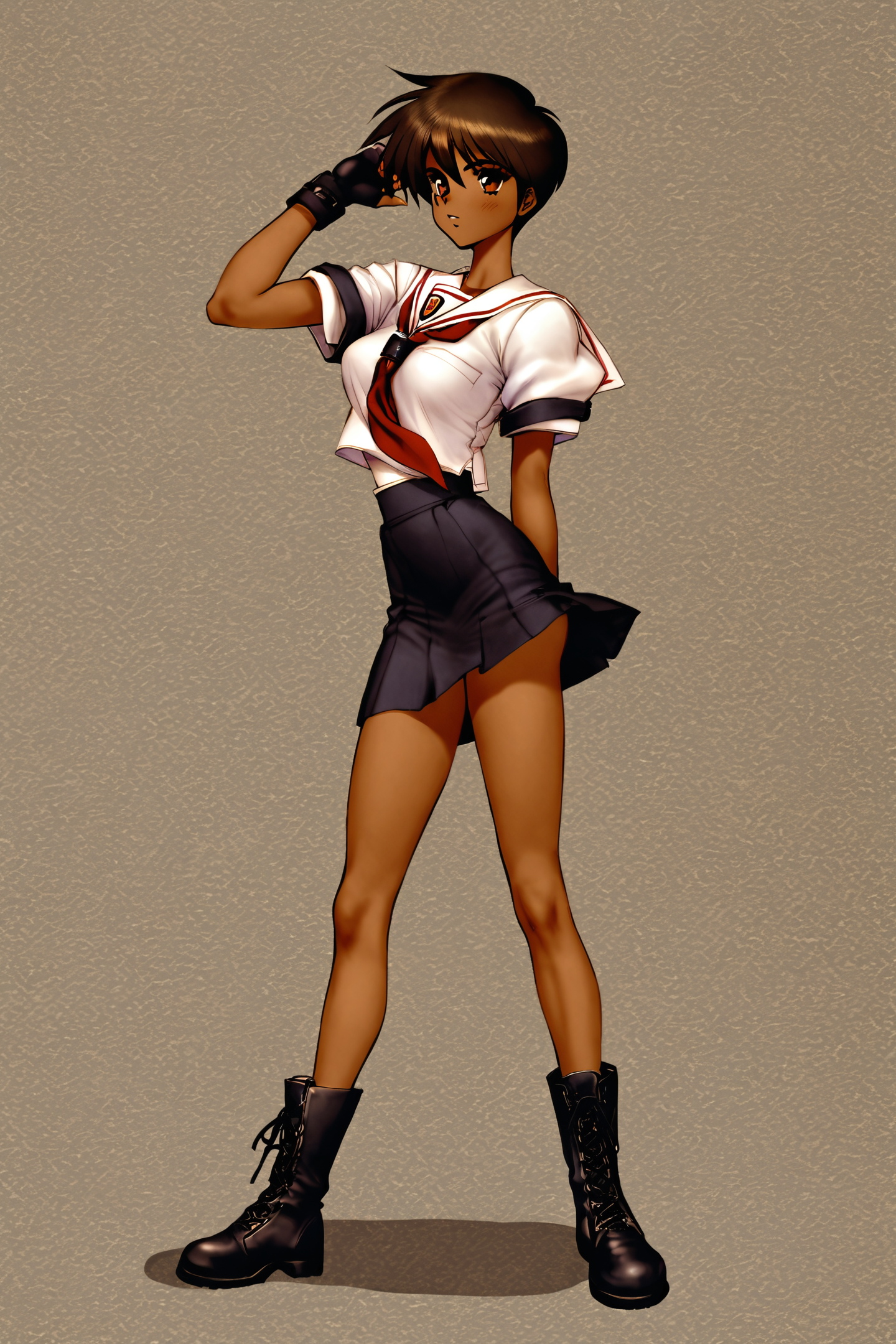 36528-2920551443-1girl,solo,brown hair,gloves,fingerless gloves,short hair,dark skin,brown eyes,dark-skinned female,school uniform,skirt,boots,fu.png